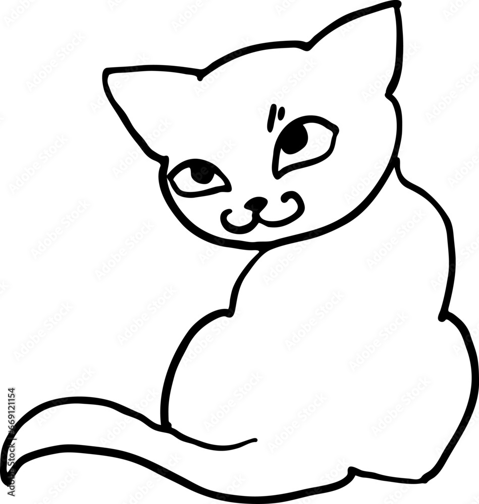 Obraz premium Cute lovely cat with funny face. Fluffy kitten best friend with big eyes. Home pet for baby, kids, boy, girl and family. Hand drown character. Retro vintage cartoon vector illustration drawn by hand. 
