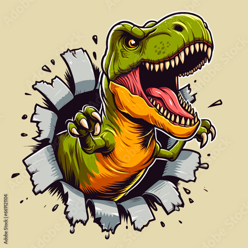vector hand drawn t-rex roars out of a scrap of paper illlustration © Aryasakti