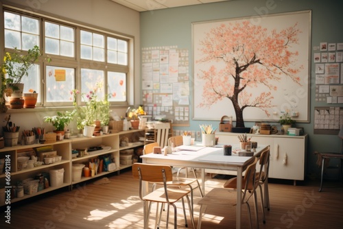 Interior of cozy empty classroom in an old country building. White walls, white chalkboard, wooden floor and ceiling, large wooden desk, many shelves with textbooks, globes, houseplants.