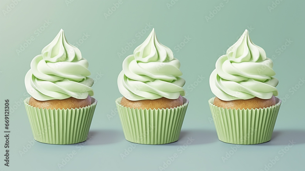 Tasty cupcakes on a pastel green background