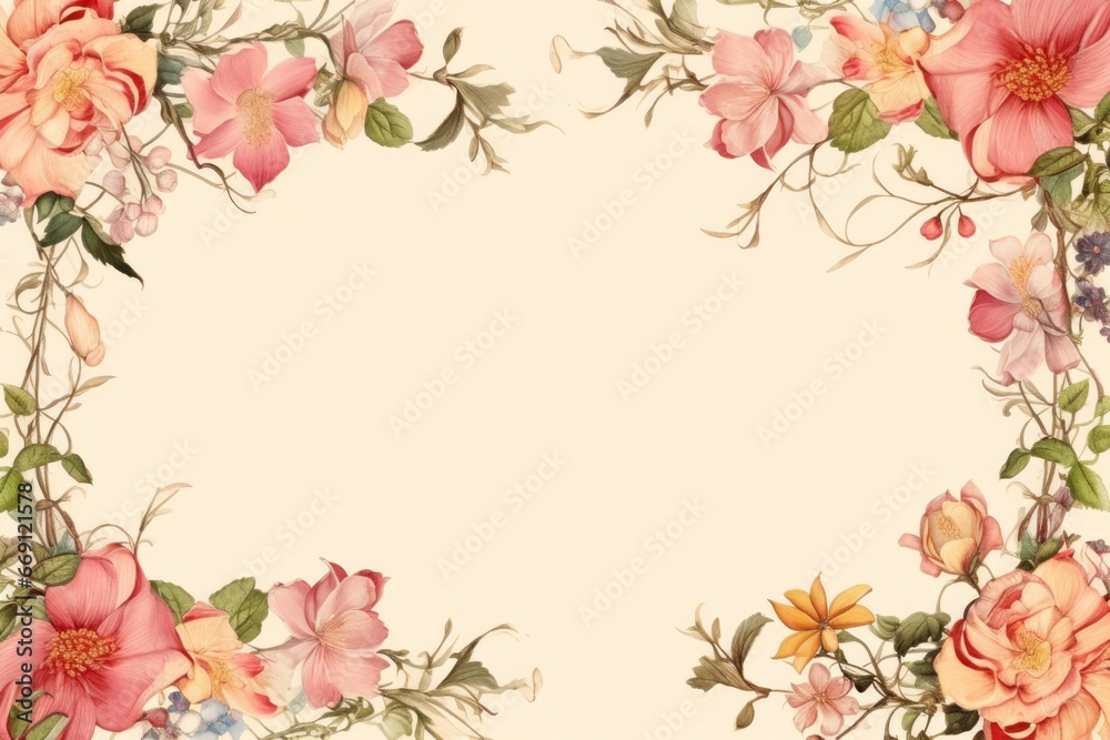 An illustration of botanical floral border with bright vivid flowers arranged at the sides making a frame with a white copy space in the middle, top view flat lay composition