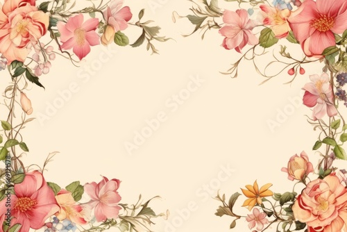An illustration of botanical floral border with bright vivid flowers arranged at the sides making a frame with a white copy space in the middle  top view flat lay composition