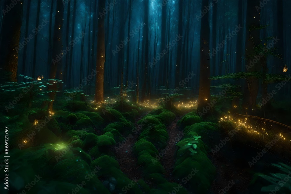 A mystical, starry forest teeming with fireflies and illuminating fungi. A mystical, starry forest teeming with fireflies and illuminating fungi.