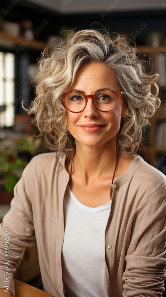 Lovely middle-aged woman enjoying a picture session in a contemporary, cosy living room while sitting on a couch and grinning at the camera.. Lovely middle-aged woman enjoying a picture session in a contemporary, cosy living room while sitting on a couch and grinning at the camera..