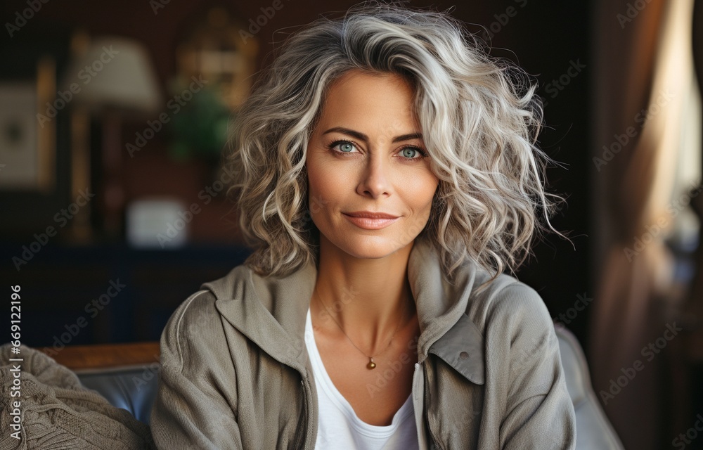 Lovely middle-aged woman enjoying a picture session in a contemporary, cosy living room while sitting on a couch and grinning at the camera..