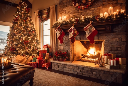 Christmas tree with presents by the fireplace in the living room at home