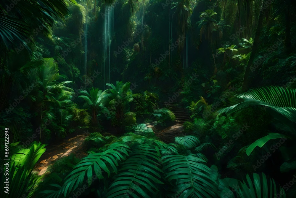 Luxuriant tropical rainforest with unusual flora.