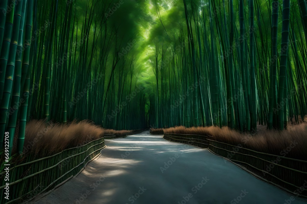 Fototapeta premium A peaceful bamboo grove including meandering stone walkways.