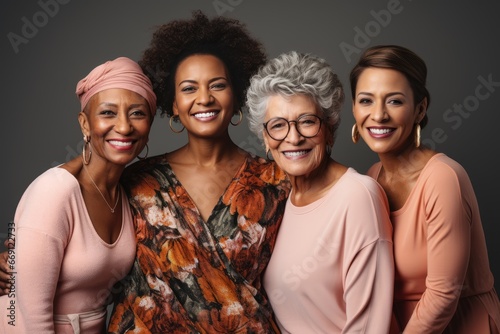 Half-length portrait of four cheerful senior diverse multiethnic women. Female friends smiling at camera while posing together. Diversity, beauty, friendship concept. Isolated over grey background. photo