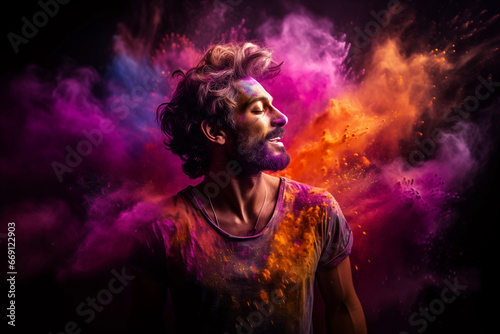 Enchanting Beauty Amidst a Burst of Colorful Gulal, 
a stunning caucasian male model on mesmerizing display of colourful powder thrown in surrounding