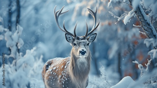 Elegant reindeer against a backdrop of a wintry forest in winter. Concept of holiday greeting cards for Christmas and New Year.