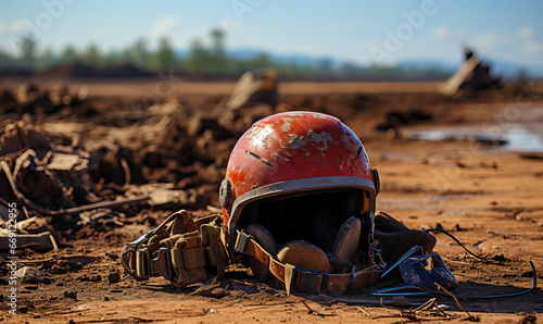 A dirty helmet lies on the ground.