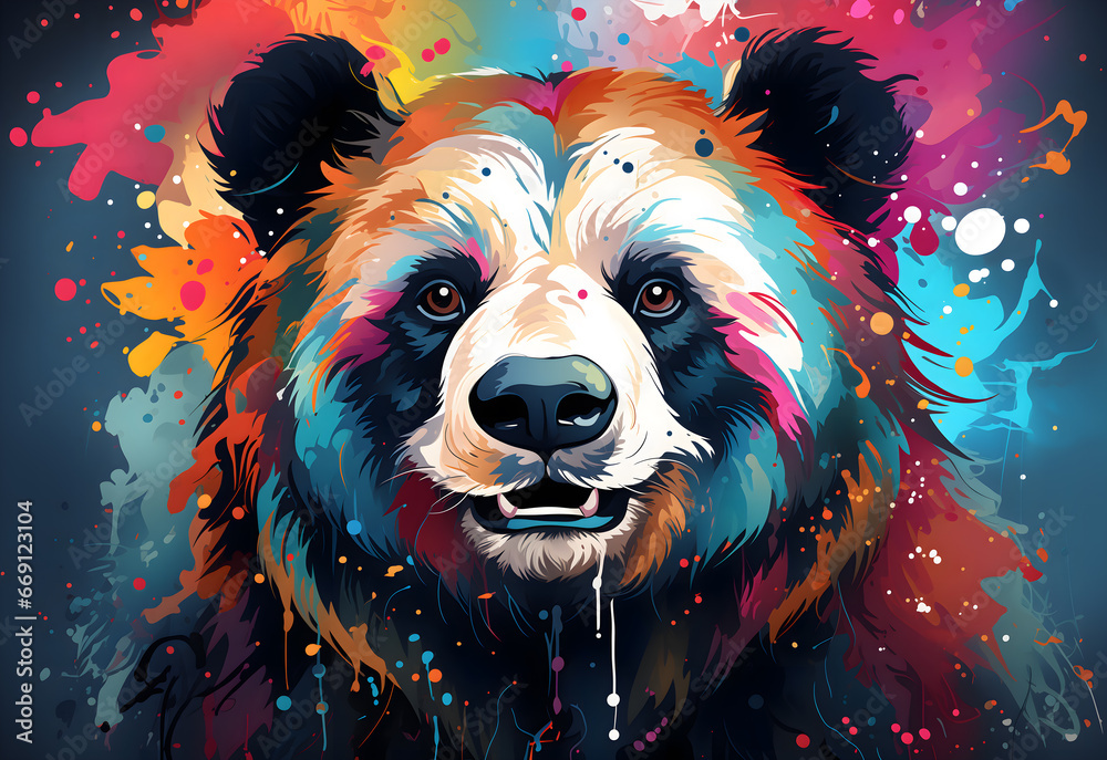 Illustration of an image of a colorful bear, in the style of ink splattered and dripped.