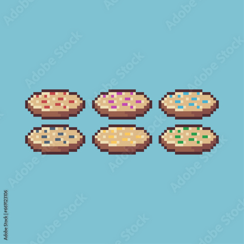 Pixel art sets of cookies food with variation color item asset. Simple bits of cookies pixelated style. 8bits perfect for game asset or design asset element for your game design asset.