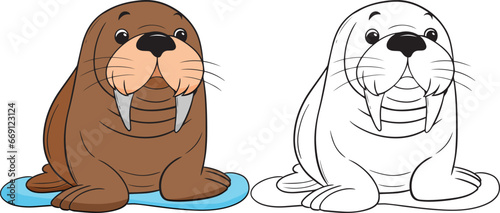 Sea Lion cartoon. Black and white lines. Coloring page for kids. Activity Book.