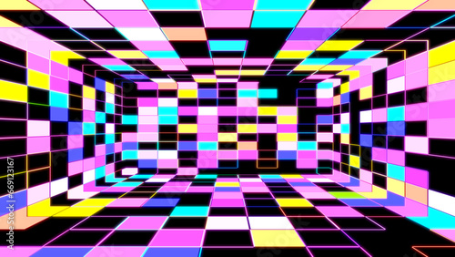 3d rendered colorful pixel grid room.