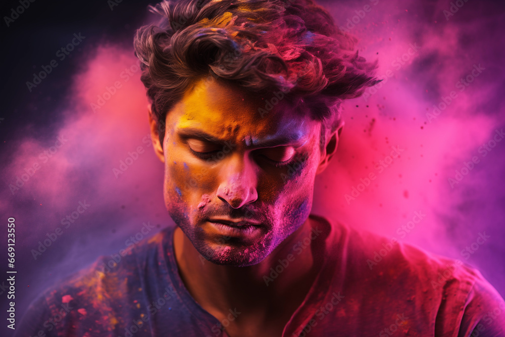 Enchanting Beauty Amidst a Burst of Colorful Gulal,
a stunning caucasian male model on mesmerizing display of colourful powder thrown in surrounding Enchanting Beauty Amidst a Burst of Colorful Gulal,
a stunning caucasian male model on mesmerizing display of colourful powder thrown in surrounding