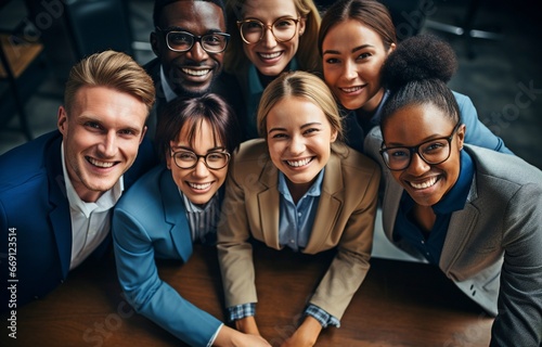 Happy businesspeople joyfully celebrate a team's accomplishment at the workplace table in this top-down image. .
