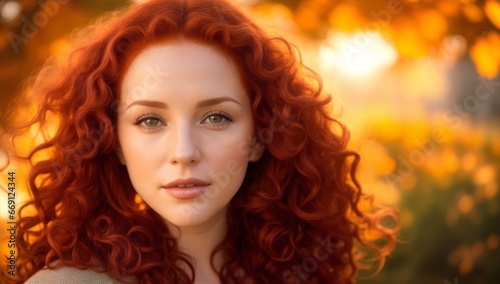 Portrait of young beautiful woman with red curly hair. Young redhair female outdoor during autumn.
