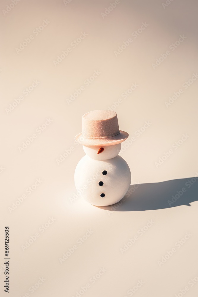 Contrasting brightly lit snowman wearing a pale orange hat pulled over the eyes, featuring contrasting: red nose and black buttons on a warm pastel background