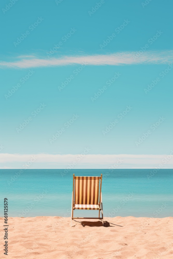 Beautiful sandy tropical beach with beach chair and blue skY. Beautiful beach background for vacation holiday. travel tourism wide panorama background concept. Amazing beach landscape. Generative AI