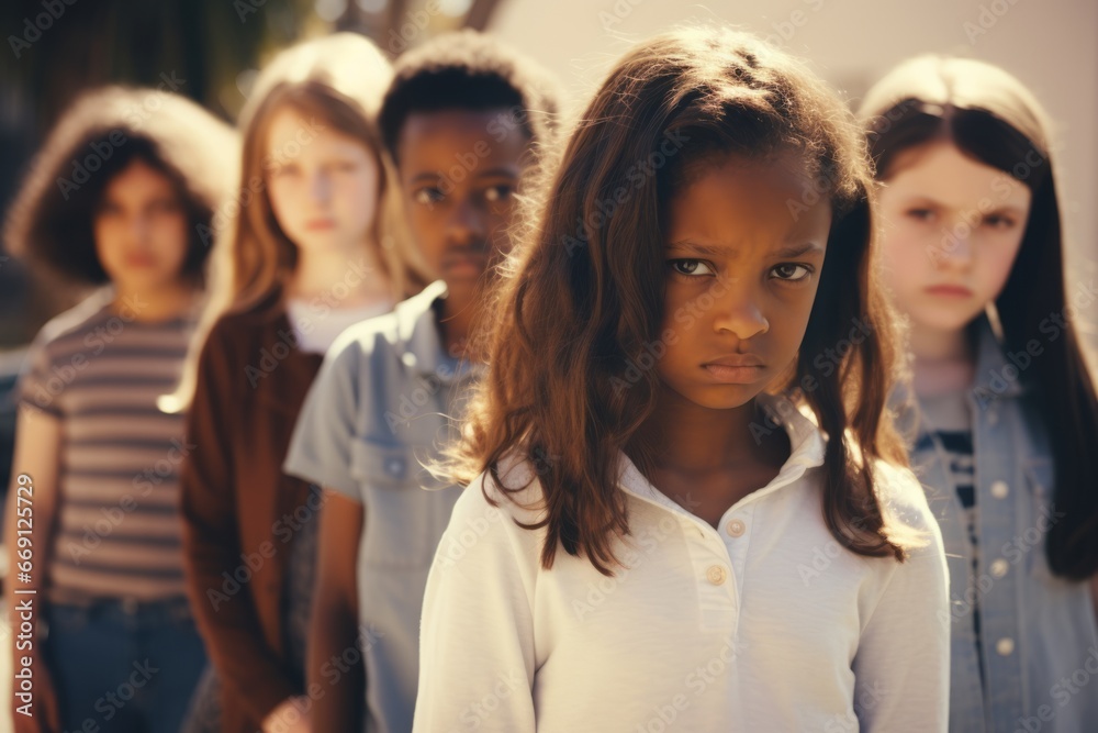 Obraz premium Multiethnic group of schoolchildren looking at camera with an angry and frustrated expression. Kids are upset and intending to stand up for their rights. Diversity and free communication concept.