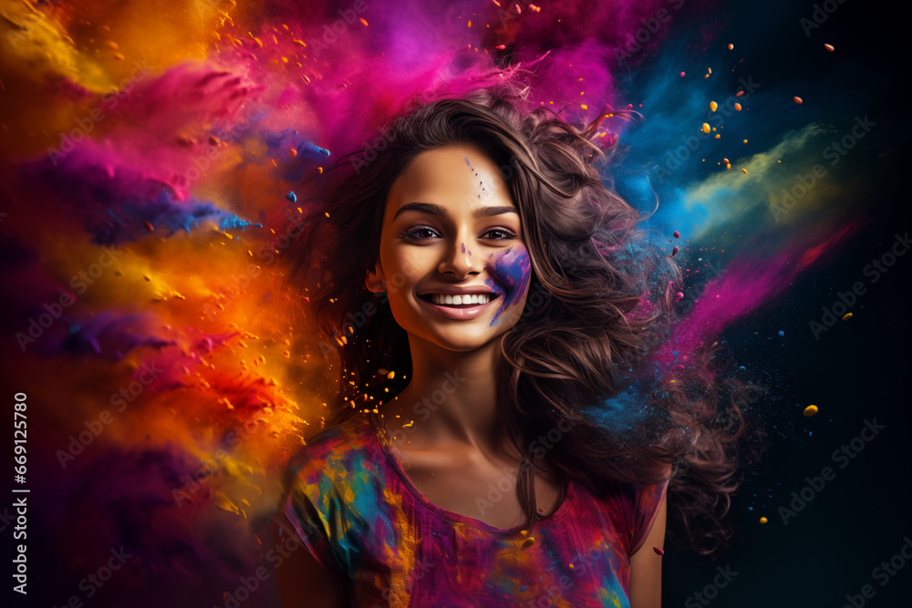 Enchanting Beauty Amidst a Burst of Colorful Gulal, 
a stunning  Indian female model on mesmerizing display of colourful powder thrown in surrounding