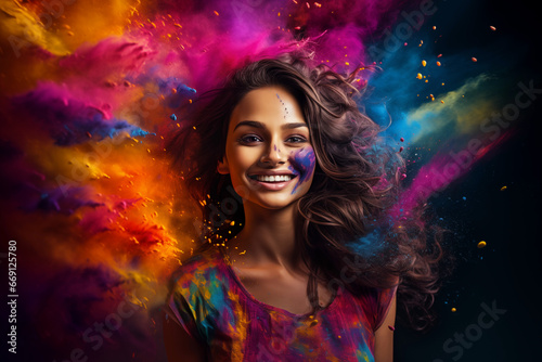 Enchanting Beauty Amidst a Burst of Colorful Gulal, a stunning Indian female model on mesmerizing display of colourful powder thrown in surrounding