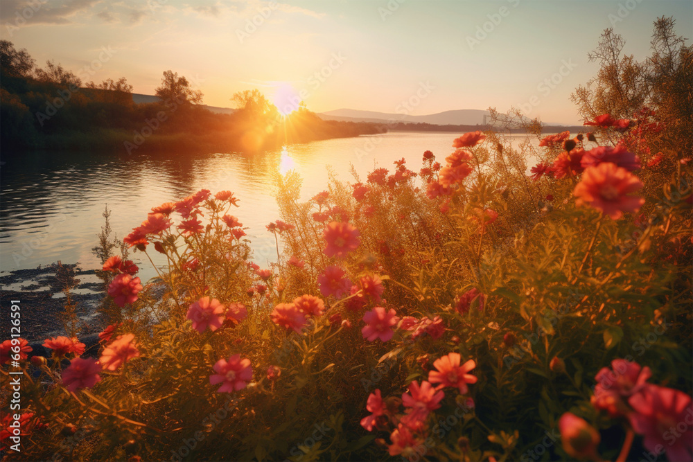 thousands of flowers on the river bank with sunset
