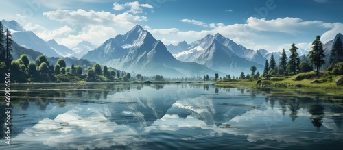 Beautiful lake with reflections of the mountains. during summer. Background display