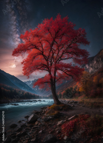 Beautiful autumn evening with large tree with red leaves