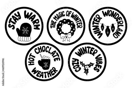 Winter holiday grunge groovy stamps with scratches. Hand drawn black slogans with traditional elements in round shape on white background. Typographic flat isolated stickers