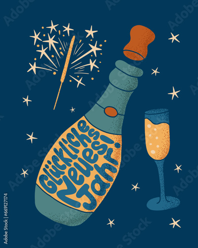 Germany groovy lettering print design for posters. Flat hand drawn slogan New Year in Germany language in a shape of champagne bottle. Trendy composition in retro style for posters, cards, shirt print