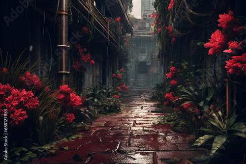 Footpath alley with arcade plants and red flowers