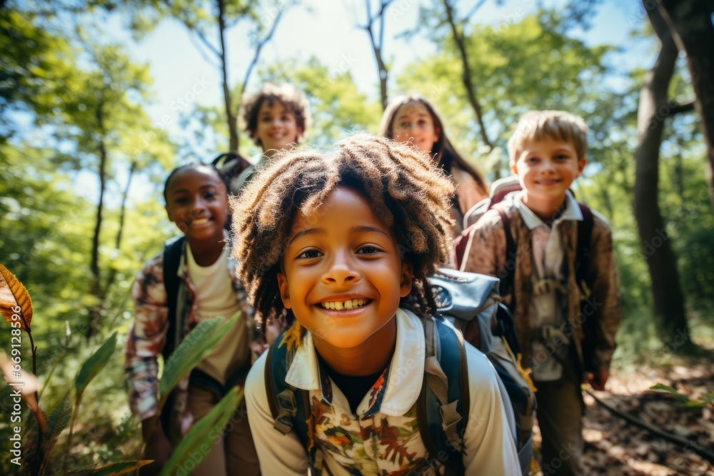Happy multiethnic children group spending time at children's summer camp. Smiling kids of different skin colors play in the forest and have fun together. Diversity and free communication concept. Happy multiethnic children group spending time at children's summer camp. Smiling kids of different skin colors play in the forest and have fun together. Diversity and free communication concept.