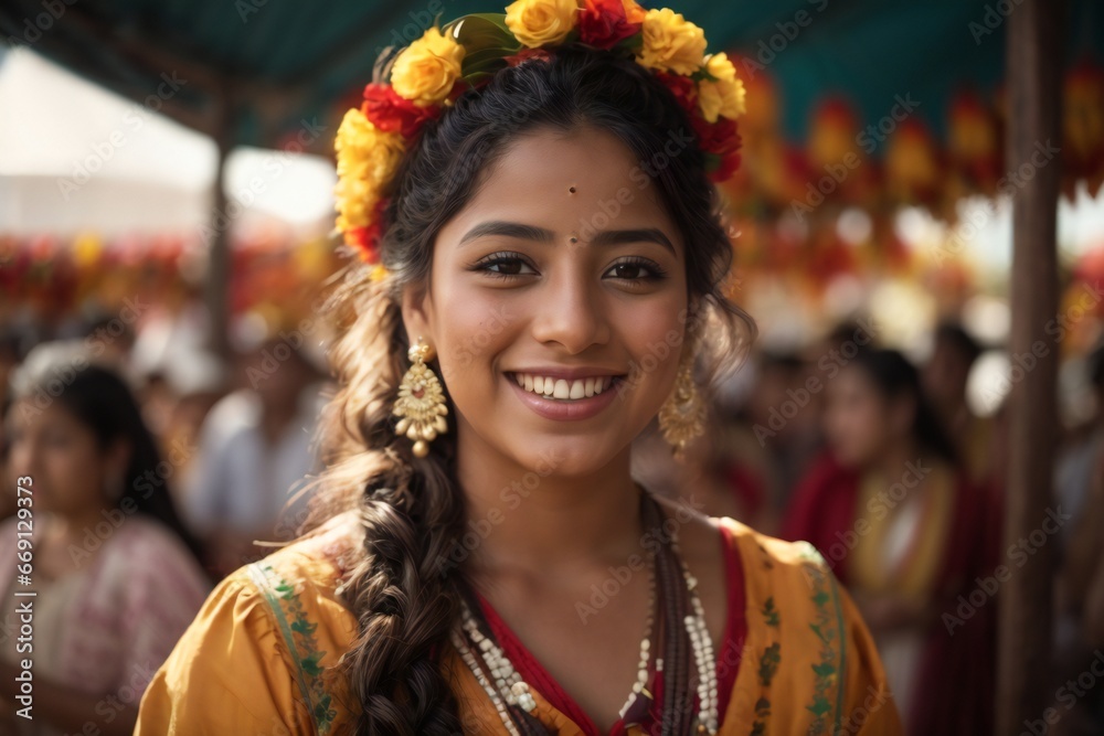 Portrait of Mexican girl wearing traditional dress, Smiling Latin America, Young hispanic woman in independence day or cultural Festival