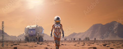 Female Astronaut On Mars Walking Near To Base
