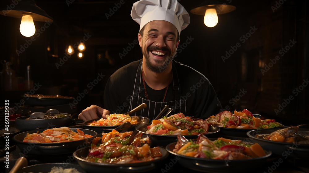 A chef with a stack of frying pans as if they were a DJ's turntables, spinning them with enthusiasm in a whimsical culinary remix