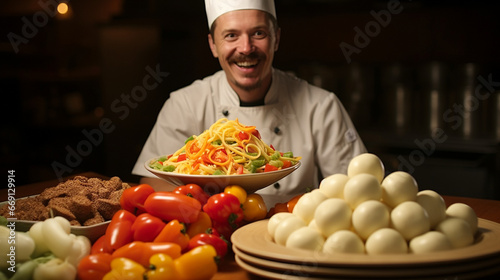 A comical chef juggling eggs  onions  and peppers with a cheeky grin  illustrating their culinary skills with a touch of slapstick humor