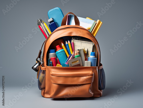 A backpack bursting with school supplies: notebooks, pens, rulers, and a rainbow of markers spilling out, ready for the day