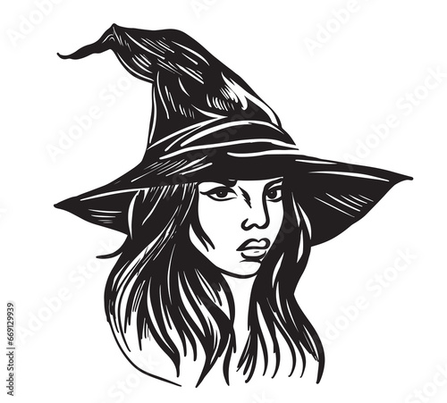 Head of witch in hat Halloween sketch Vector © BigJoy