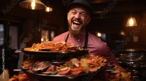 A chef with a stack of frying pans as if they were a DJ s turntables  spinning them with enthusiasm in a whimsical culinary remix