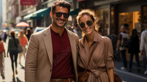 Urban modern adult love couple walking romantic talking talking, holding hands on a date. Happy couple having shopping on old european street