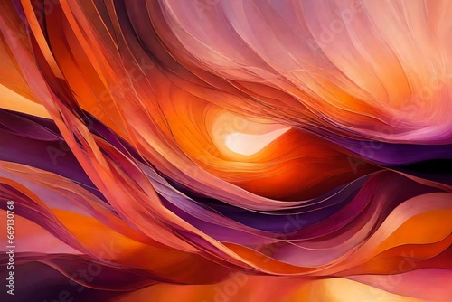 Liquid Ribbons of Warm Oranges, Soft Pinks, and Deep Purples in a Serene and Dreamlike Abstract Composition.
