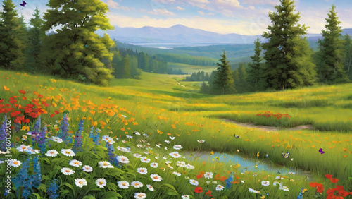 Peaceful Meadow, Step out into a tranquil meadow where colorful wildflowers sway gently in the breeze and butterflies dance among the tall grass, creating a serene, idyllic scene. Generative AI © Evgenii
