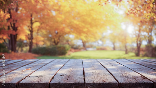 A wooden table against a blurred background of a park with trees in autumn colors. The table is in the foreground and occupies the lower third of the image