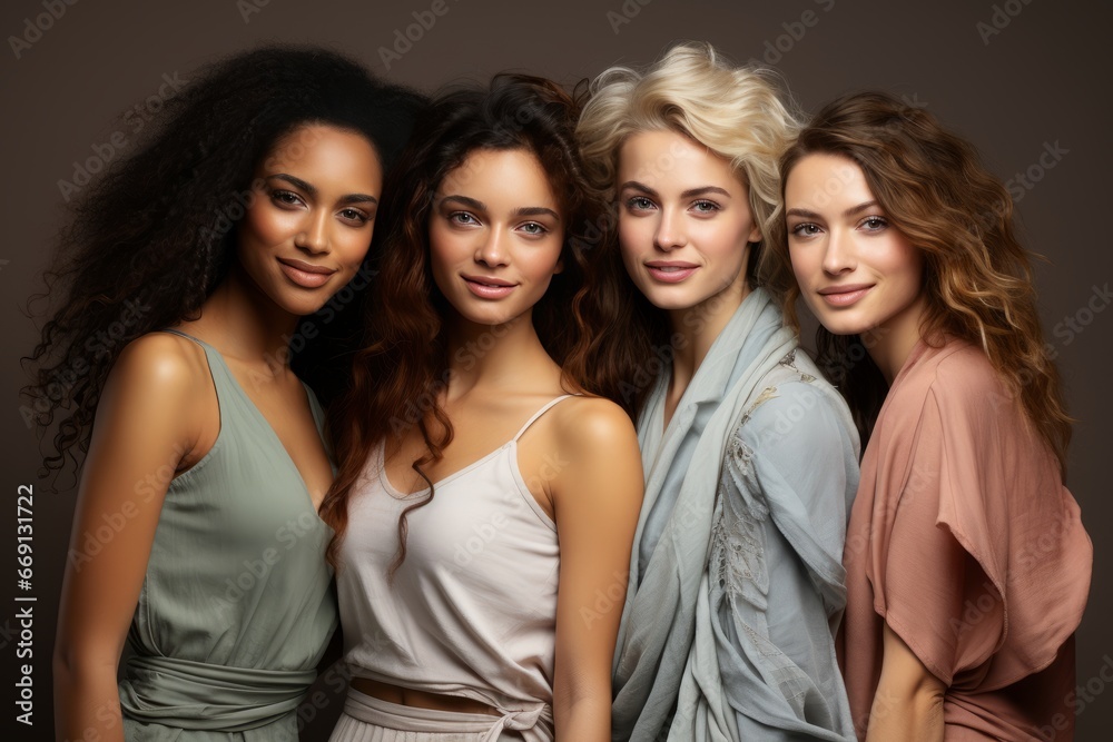 Half-length portrait of four cheerful young diverse multiethnic women. Female friends smiling at camera while posing together. Diversity, beauty, friendship concept. Isolated over grey background.