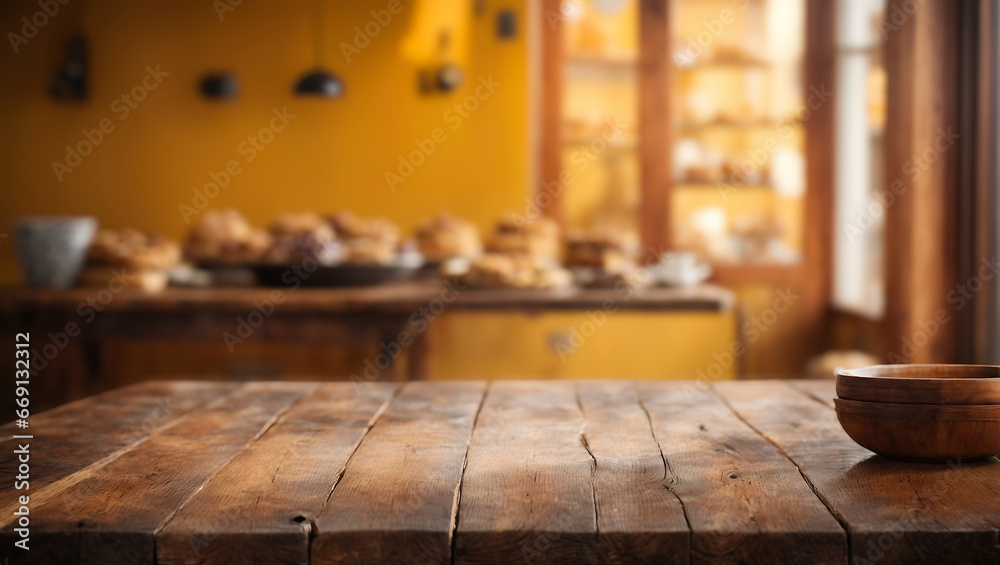 A wooden table in a bakery with a blurred background showing bread and pastries. There is a wooden bowl on the table A wooden table in a bakery with a blurred background showing bread and pastries. There is a wooden bowl on the table