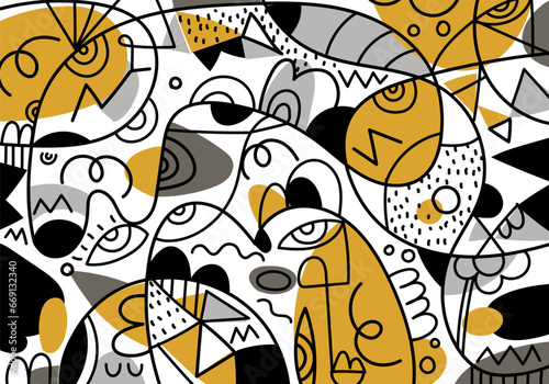 Group of abstract face portrait line drawing geometric hand drawn vector illustration. Design for wall art, prints, card, poster, cover, decoration collection.