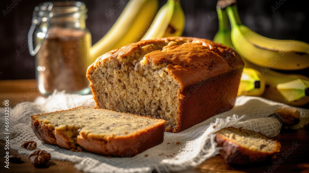Loaf of baked banana bread with a cut slice Loaf of baked banana bread with a cut slice